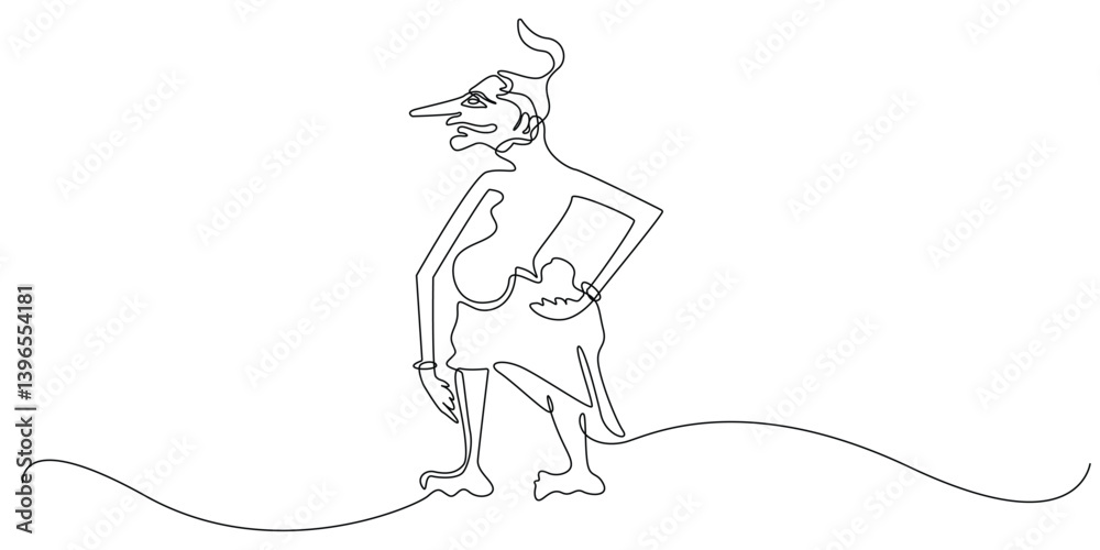 Fototapeta premium Continuous line of Petruk character in Indonesian Wayang story. Single line vector illustration of Petruk punakawan character from Indonesian Javanese folklore.