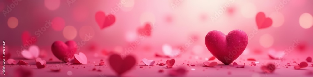 Obraz premium Romantic panoramic wallpaper with pink hearts in soft focus, love theme for decor, sweet, cute