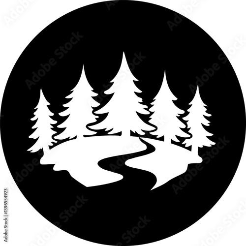 Monochromatic depiction of coniferous trees lining a curved waterway within a circle