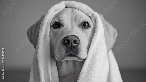 A charming portrait of a Labrador Retriever with a towel draped over its head, gazing directly at the viewer. Moody and endearing