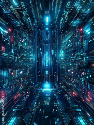 Abstract futuristic background with glowing blue lights and geometric shapes.