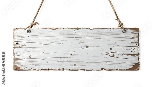 Distressed white wooden plank sign hung by rustic twine with weathered texture
