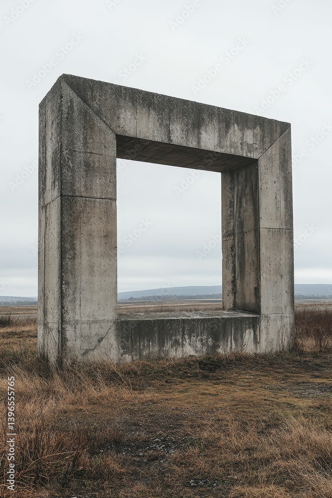 Concrete square structure stands in a field under a cloudy sky. Concrete square structure stands in a field under a cloudy sky.