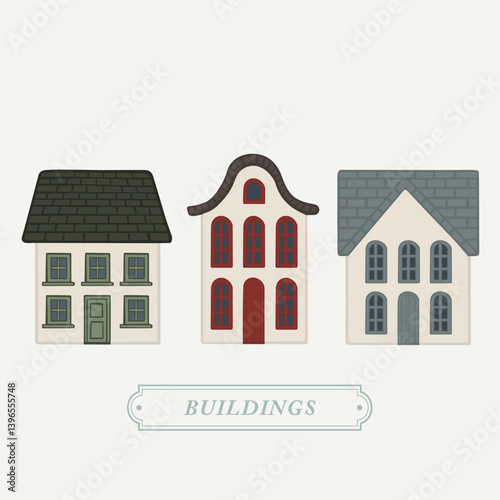 Europe Dutch style building and houses facade hand drawn illustration collection elements. For decoration, concept proposal, design, postcard, banner, social media
