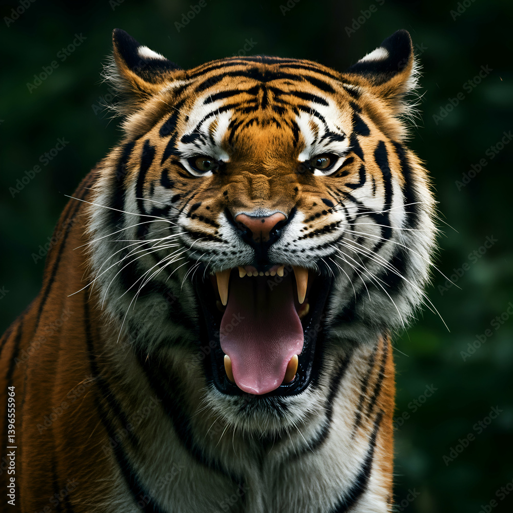 Fototapeta premium Roaring Tiger Majestic Predator Showing Teeth in Lush Green Jungle.