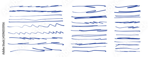 Hand drawn blue pen underline strokes. freehand pen stroke sketch brush scribbles, ink marker squiggle lines.