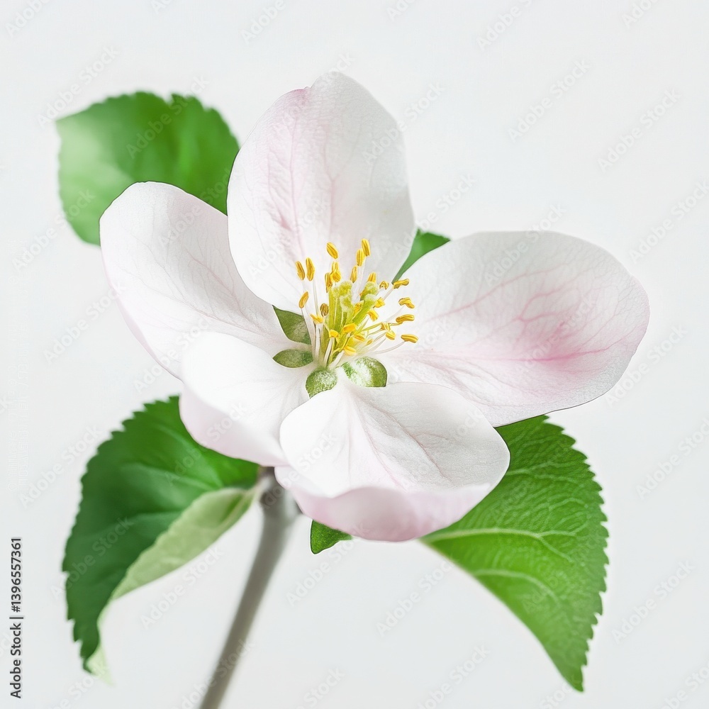 Delicate apple blossom with soft pink petals and yellow stamen in a minimalist botanical illustration Delicate apple blossom with soft pink petals and yellow stamen in a minimalist botanical illustration