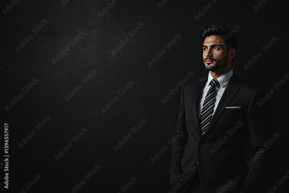 Portrait of confident businessman in a formal suit standing on a dark background, professional photography style, symbolizing success and leadership. Ai generative Portrait of confident businessman in a formal suit standing on a dark background, professional photography style, symbolizing success and leadership. Ai generative