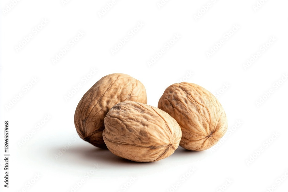 Studying Three Whole Walnuts in Shells on a White Background Studying Three Whole Walnuts in Shells on a White Background