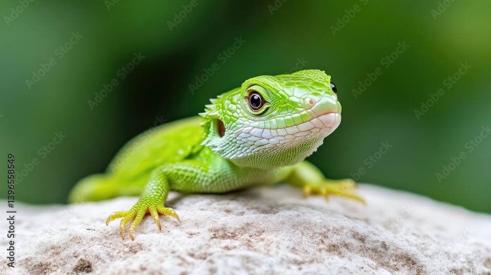 A vibrant green lizard resting on a sunlit rock, lush green foliage in the background, and close-up view of detailed texture and vivid colors. A vibrant green lizard resting on a sunlit rock, lush green foliage in the background, and close-up view of detailed texture and vivid colors.
