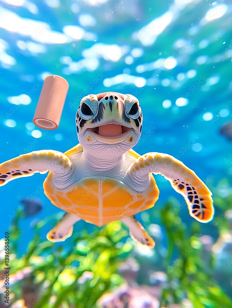 Obraz premium Sea Turtle Eats Plastic