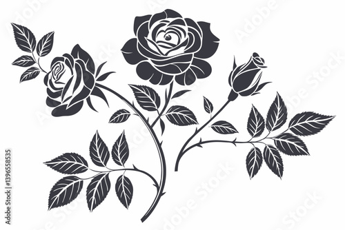 Set of decorative rose with leaves. Flower silhoutte. Vector illustration