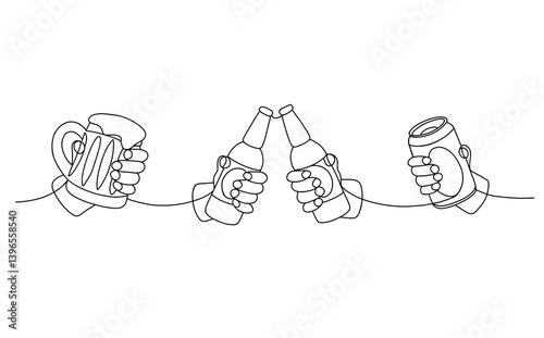 Hands holding a beer bottle one line colored continuous drawing. Beer pub products continuous one line illustration. Vector linear illustration.