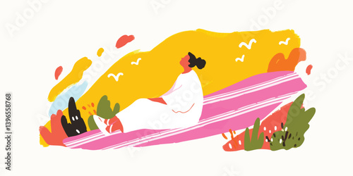 A woman relaxes on a vibrant surfboard against the backdrop of a sun-kissed beach. The artwork captures a moment of serenity, and evokes the simple pleasure of enjoying a leisurely day by the sea.