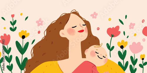 Embrace the warmth of motherhood in this heartwarming illustration. A loving mother tenderly cradles her peaceful baby, enveloped in a serene floral backdrop.
