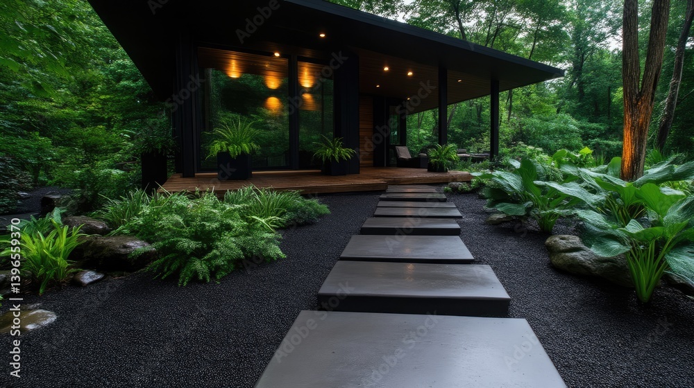 Modern house nestled in a lush garden with a stone walkway Modern house nestled in a lush garden with a stone walkway