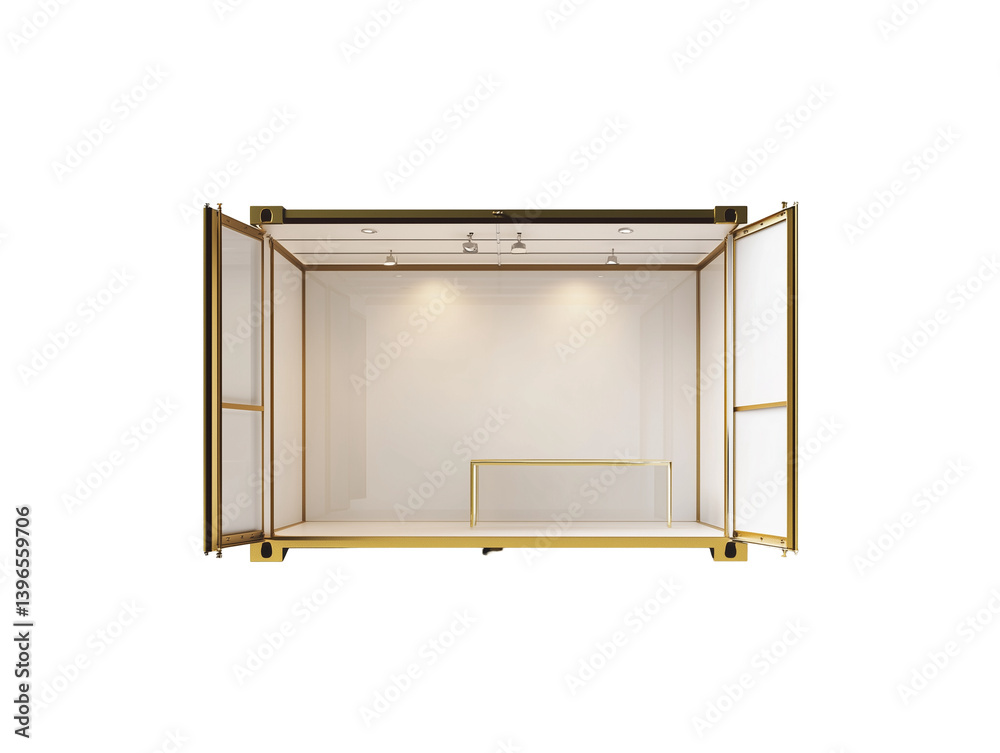 Modern open-fronted rectangular room featuring white walls, golden edges, and illuminated ceiling lights, ideal for architecture or interior design projects, isolated PNG file isolate on transparent Modern open-fronted rectangular room featuring white walls, golden edges, and illuminated ceiling lights, ideal for architecture or interior design projects, isolated PNG file isolate on transparent