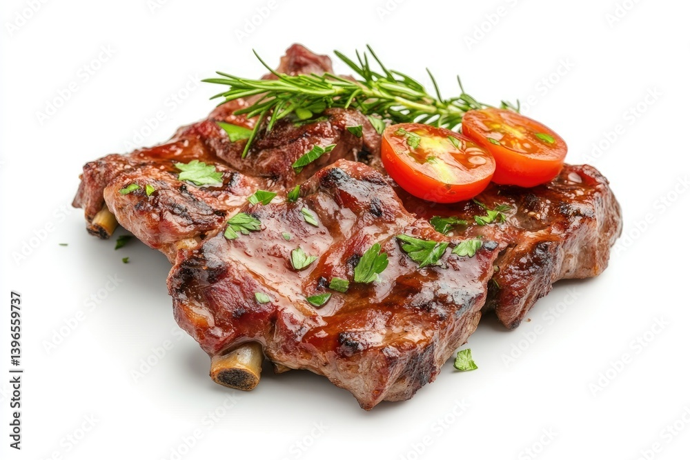 Grilled Ribs with Tomato and Rosemary Sprigs on White Background Grilled Ribs with Tomato and Rosemary Sprigs on White Background