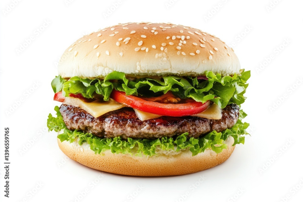 Classic Cheeseburger with Fresh Toppings Isolated on White Background Close Up Classic Cheeseburger with Fresh Toppings Isolated on White Background Close Up