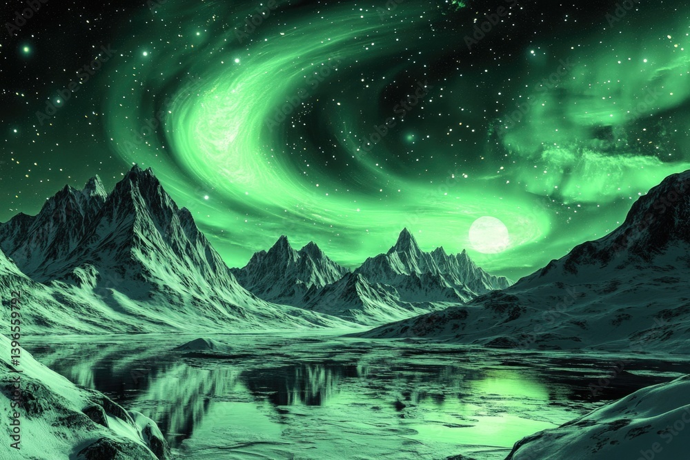 Fototapeta premium Green aurora borealis, polar lights swirling across the night sky over a frozen snowy landscape