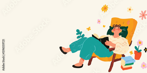 A person finds solace in the pages of a book, surrounded by the serenity of nature, this illustration invites viewers to relax and enjoy. 