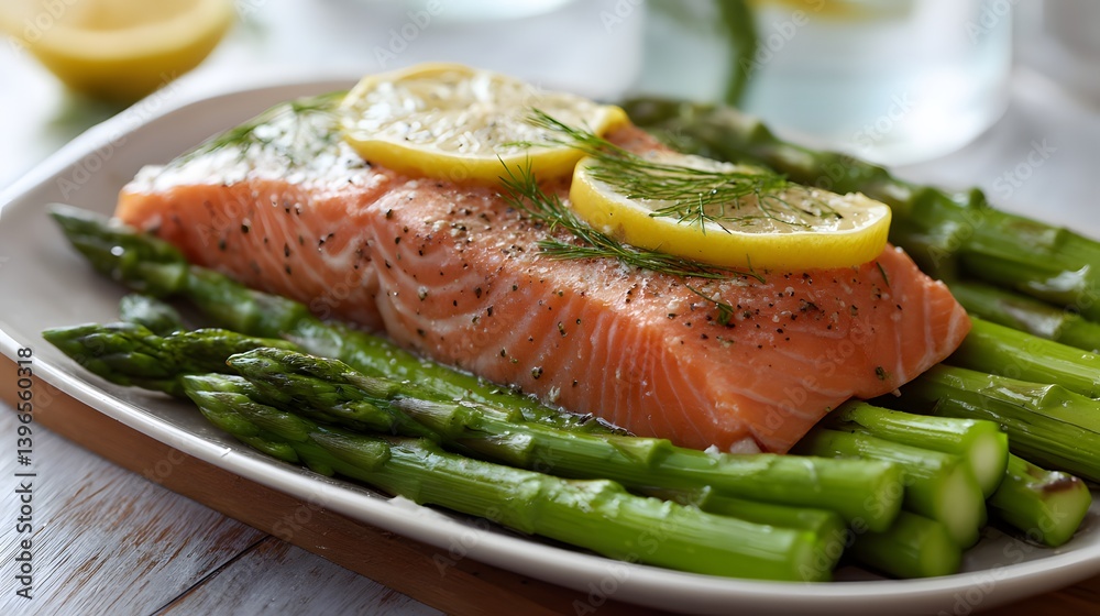 a flaky baked salmon fillet served alongside tender green asparagus spears on an off-white rectangular plate a flaky baked salmon fillet served alongside tender green asparagus spears on an off-white rectangular plate