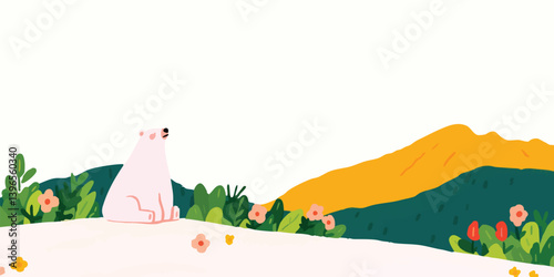A serene illustration of a polar bear, basking in a field, exuding peace and tranquility amidst natural elements.