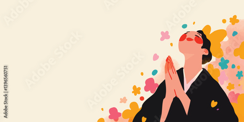 An artistic and vivid depiction of a person finds peace in nature, expressing gratitude in a symbolic setting with a gentle color scheme.