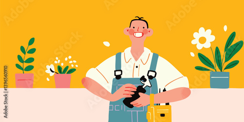 An inviting illustration captures the spirit of a cheerful gardener amidst vibrant greenery and floral, conveying the essence of horticultural passion.