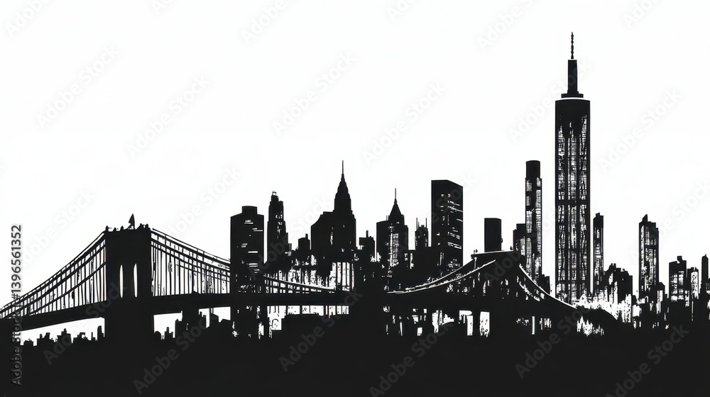 Naklejka premium Dramatic black silhouette of the New York City skyline, featuring the Brooklyn Bridge and iconic skyscrapers. A striking urban landscape