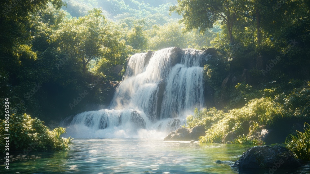 A serene waterfall cascades through lush greenery, creating a tranquil scene of nature's beauty and calm. A serene waterfall cascades through lush greenery, creating a tranquil scene of nature's beauty and calm.
