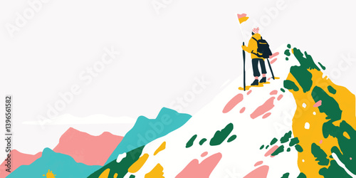 An illustration of a lone explorer reaching the peak of a towering mountain, symbolizing the thrill of adventure and the pursuit of goals.