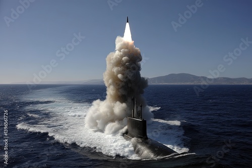 Nuclear war. Launch of a nuclear ballistic intercontinental missile from submarine. The submarine launches its intercontinental missile, creating a moment of worldwide fear.