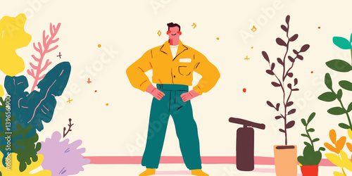 A determined worker embodies strength and confidence amidst an artistic, plant-filled environment, representing a blend of ambition and nature.