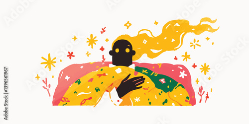 A creative and abstract representation of a person filled with a radiant aura, blending vibrant colors, artistic motifs, and intricate details to depict a sense of positivity and inner light.