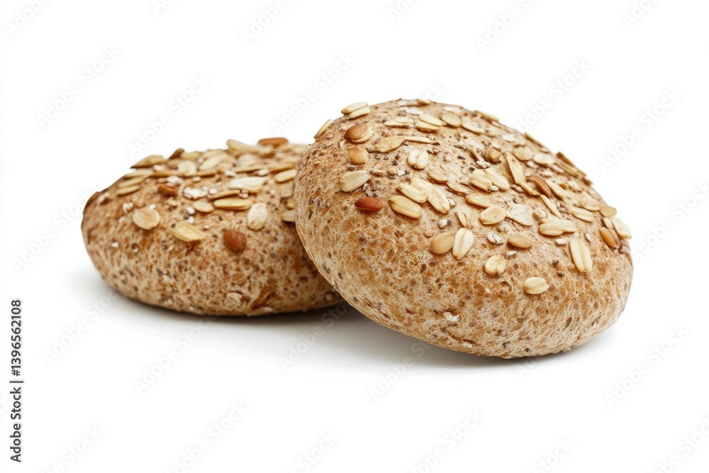 Two Freshly Baked Whole Wheat Rolls Sprinkled with Oats on White Two Freshly Baked Whole Wheat Rolls Sprinkled with Oats on White