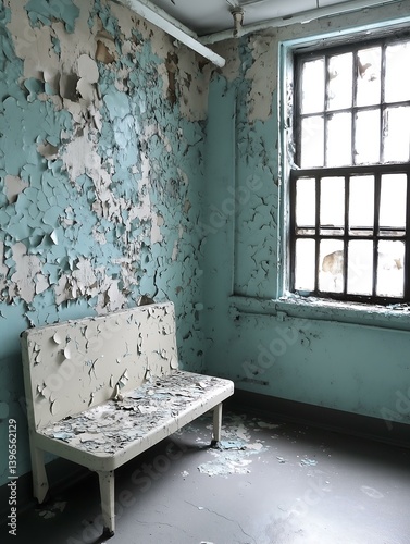 An abandoned room with peeling walls and a rustic bench, evoking feelings of neglect and nostalgia.