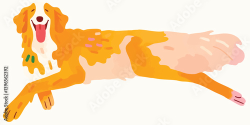 A lively and joyful illustration of a dog in mid-leap, its tongue lolling out in pure delight and its fur animated with energy.