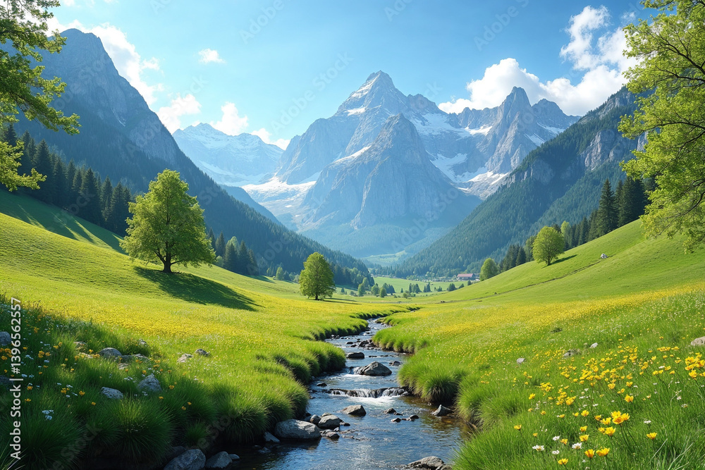 Fototapeta premium Scenic Mountain Valley with Flowing Stream