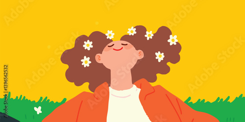 An illustration of a serene woman basking in the sun's embrace, embodying the tranquility and beauty of nature. Embracing the simple joys of life.
