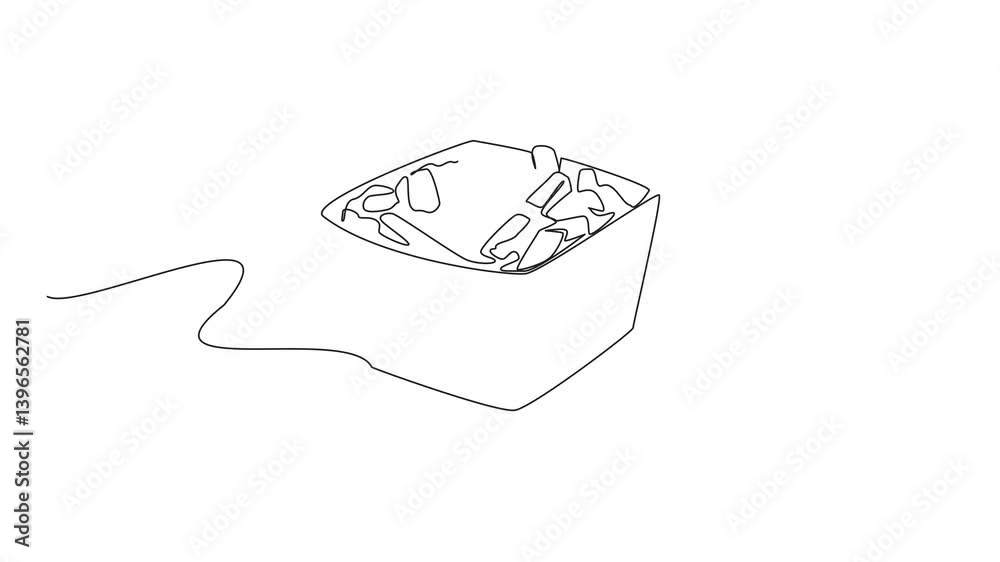 Animated self drawing of continuous line drawing french fries with cheese sauce in paper box. How restaurants serve takeaway. Tasty. National Cheddar Fries Day. Full length single line animation