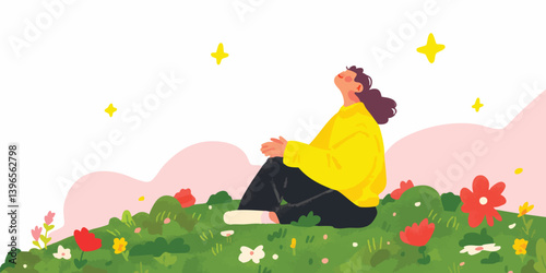 A tranquil scene of a person immersed in peaceful contemplation amidst a vibrant meadow of blossoms. The person gazes skyward, bathed in the gentle glow of the sun. 