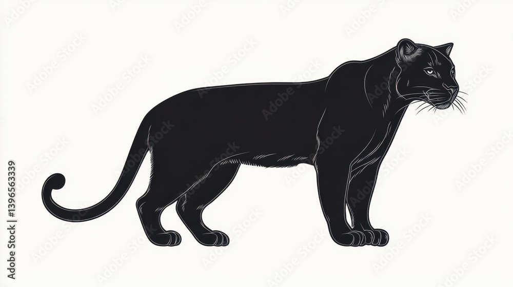 Obraz premium A striking black panther depicted in a detailed line art style, standing in profile with a curled tail