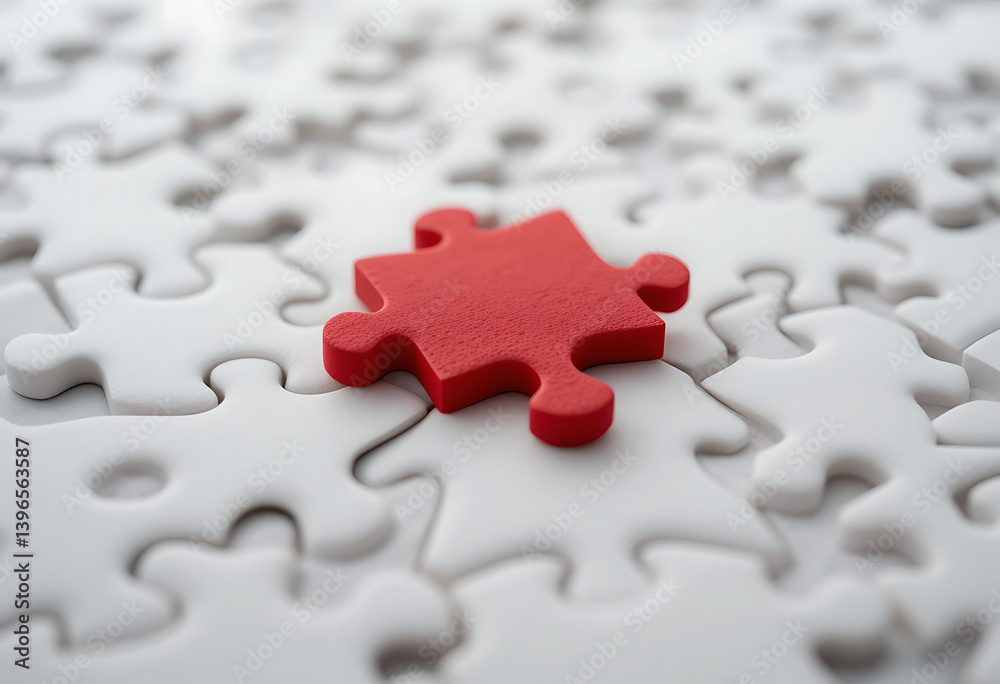 Fototapeta premium A Red Puzzle Piece Is Lying On Top Of A Pile Of White Puzzle Pieces In A Macro Shot, Emphasizing Individuality. Problem Solving, Unique Solution