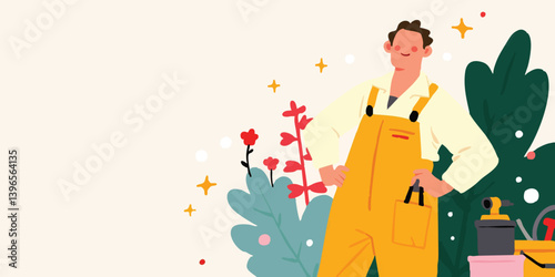 A confident gardener stands amidst a vibrant garden, embodying the spirit of tending and nurture. The illustration captures the essence of growth, care, and the beauty of cultivating nature's wonders.
