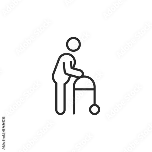 Elderly person icon with a walker. Simple line design representing senior care, mobility aid, and accessibility for aging individuals. Vector illustration