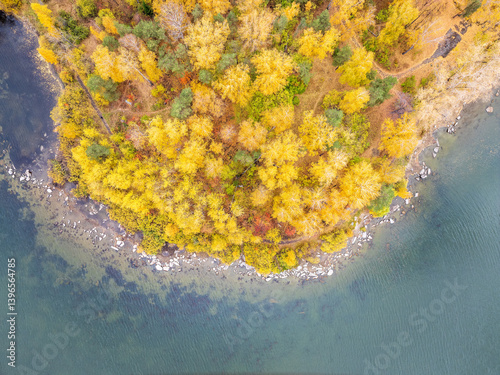 Photography Colorful autumn forest with trees on the shore of a blue lake - top aerial view
