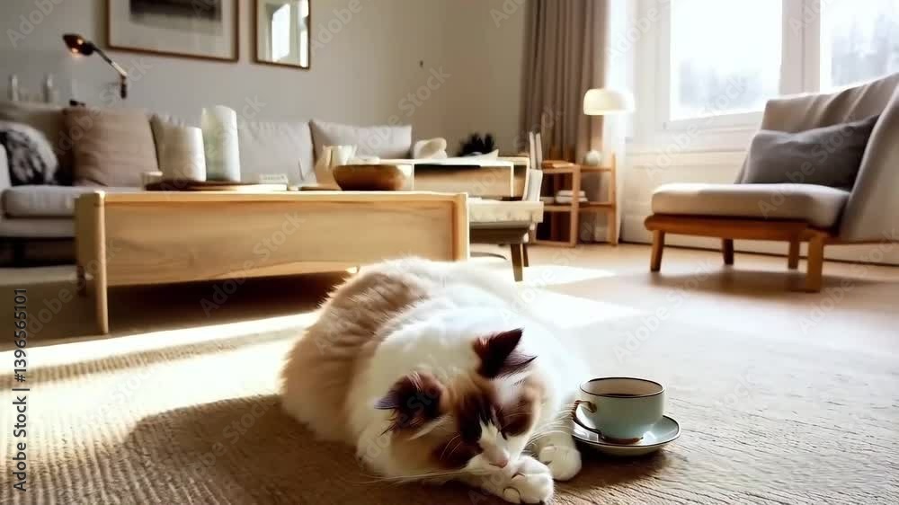 Dreaming Ragdoll Cat Beside Teacup in Cozy Scandinavian Living Room