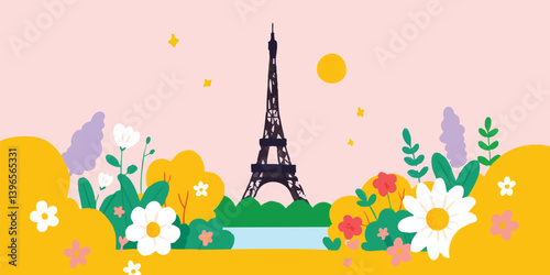 An idyllic vector illustration captures the enchanting Eiffel Tower. A vibrant spring blooms, a picture-perfect scene.