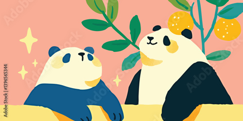 Two charming pandas looking...